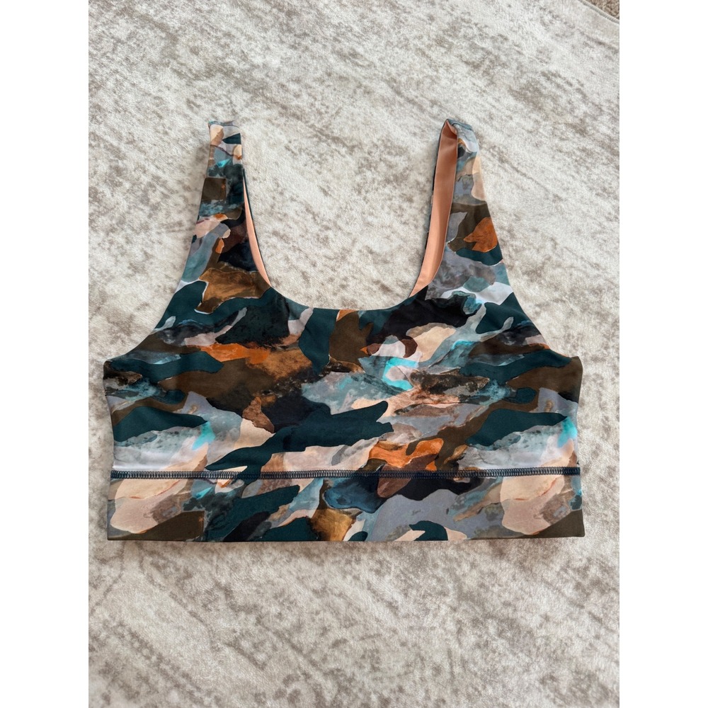 Fabletics Women Abstract Camo Print Sports Bra Multicolored Scoop Neck‎
